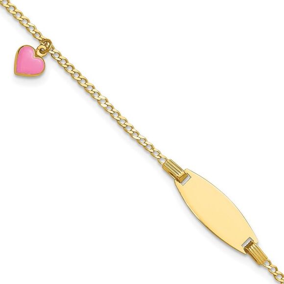 14k Yellow Gold Polished s ID with Pink Enameled Puff Heart 5.5in Bracelet